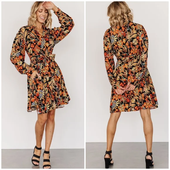 FEW LEFT❗️POLAGRAM Black Floral Long Sleeves Short Dress - Picture 4 of 6